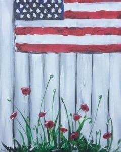Fence with Flag and Flowers from uptown paint and sip painting classes in Jupiter FL