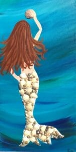 Mermaid with shells from uptown paint and sip painting classes in Jupiter FL