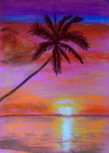 Vibrant Sunset With Palm from uptown paint and sip painting classes in Jupiter FL