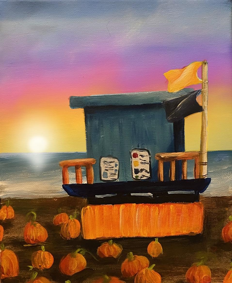 Florida Pumpkin Stand painting done at Uptown Paint and Sip in Jupiter, FL - Painting Classes for Girls Night Out and Date Night