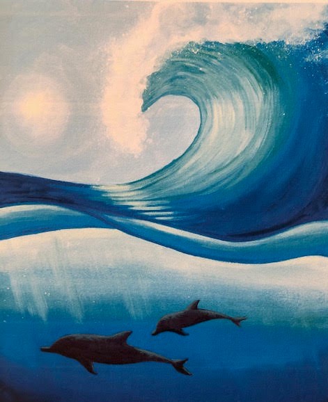 Dolphin Wave painting done at Uptown Paint and Sip in Jupiter, FL - Painting Classes for Girls Night Out Ideas and Date Night