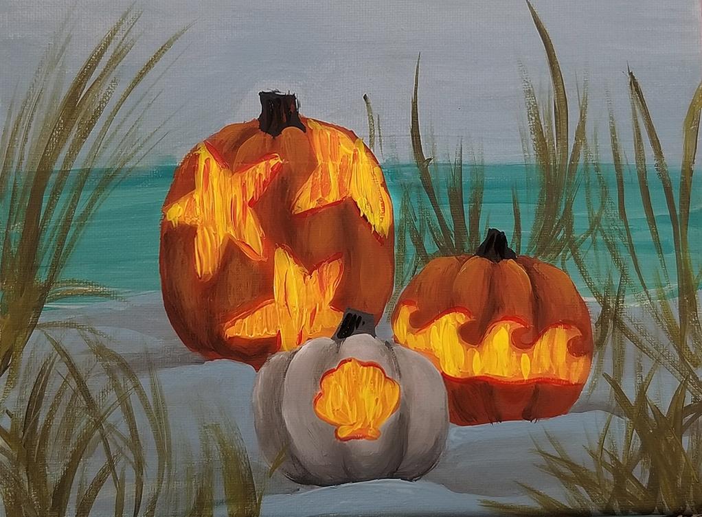 Beach Pumpkins painting done at Uptown Paint and Sip in Jupiter, FL - Painting Classes for Girls Night Out and Date Night