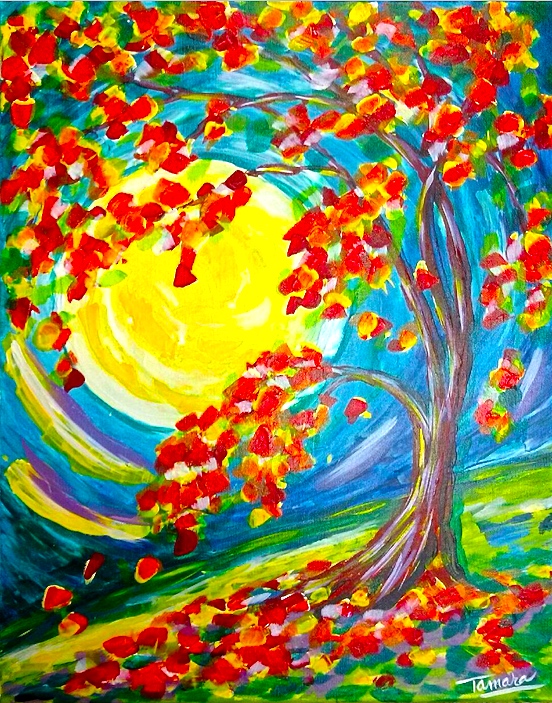 Fall Tree painting done at Uptown Paint and Sip in Jupiter, FL - Painting Classes for Girls Night Out and Date Night