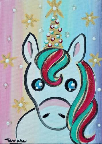 Festive Unicorn painting done at Uptown Paint and Sip in Jupiter, FL - Painting Classes for Girls Night Out and Date Night