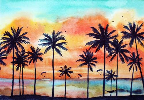 Palm Trees at Sunset painting done at Uptown Paint and Sip in Jupiter, FL - Painting Classes for Girls Night Out and Date Night