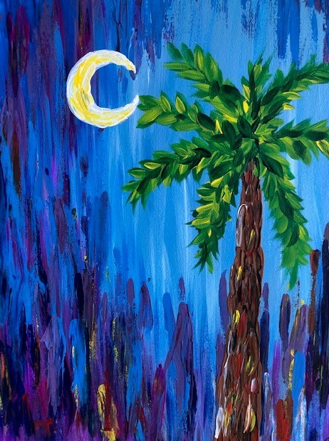 Palmetto Crescent Night painting done at Uptown Paint and Sip in Jupiter, FL - Painting Classes for Girls Night Out and Date Night