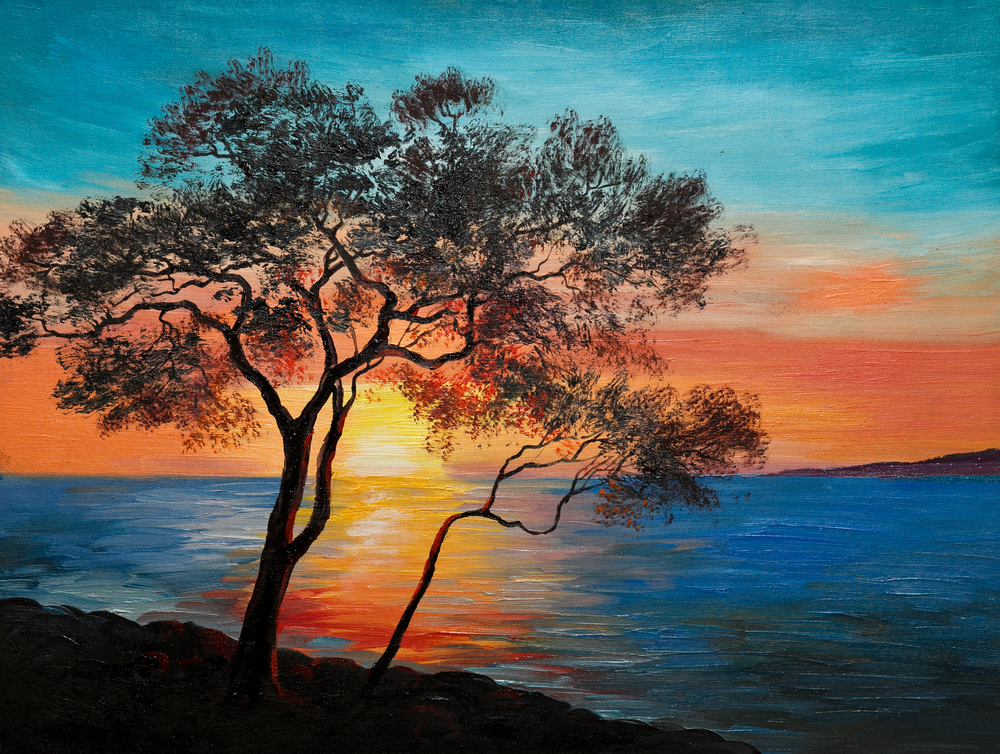 Sunset Tree painting done at Uptown Paint and Sip in Jupiter, FL - Painting Classes for Girls Night Out and Date Night