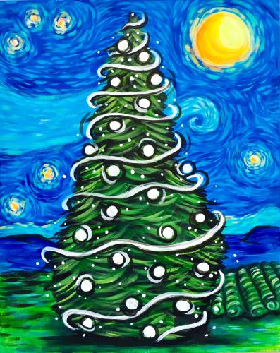 Starry Night Christmas Tree from uptown paint and sip painting classes in Jupiter FL
