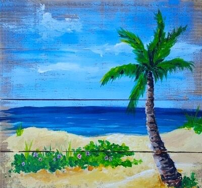 Single Palm Wood Palette - Paint and Sip classes in Jupiter, FL for Team Building events and Date Nights near West Palm Beach